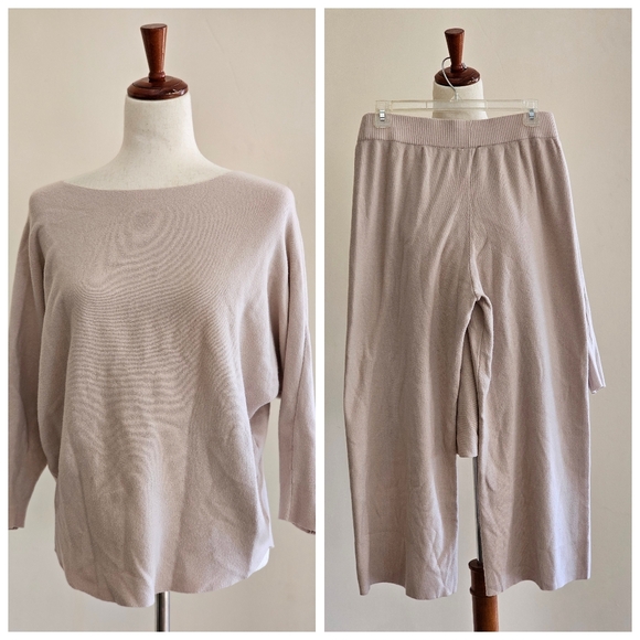 Sioni 2-Piece Dolman Sleeve Boatneck Top & Wide-Leg Pants Set Taupe Beige M - Picture 1 of 7